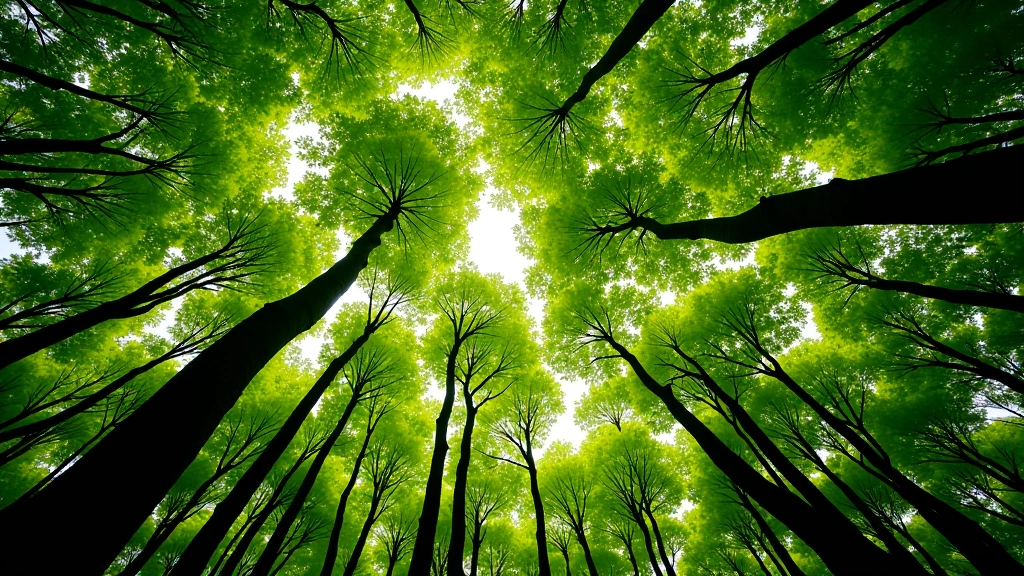 Forest canopy view looking upward with green foliage and natural light