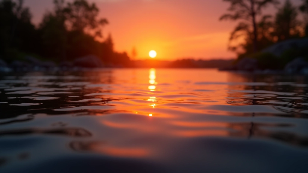 Sunset reflection on water with warm colors and rippling surface