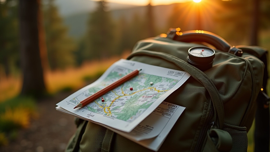 Trail map and compass on a hiking backpack with scenic viewpoint marked, planning outdoor route
