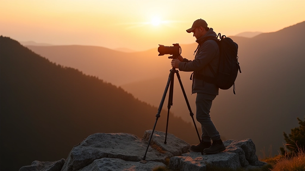 Landscape photographer setting up camera equipment on a rocky overlook with forest valley below and distant mountains