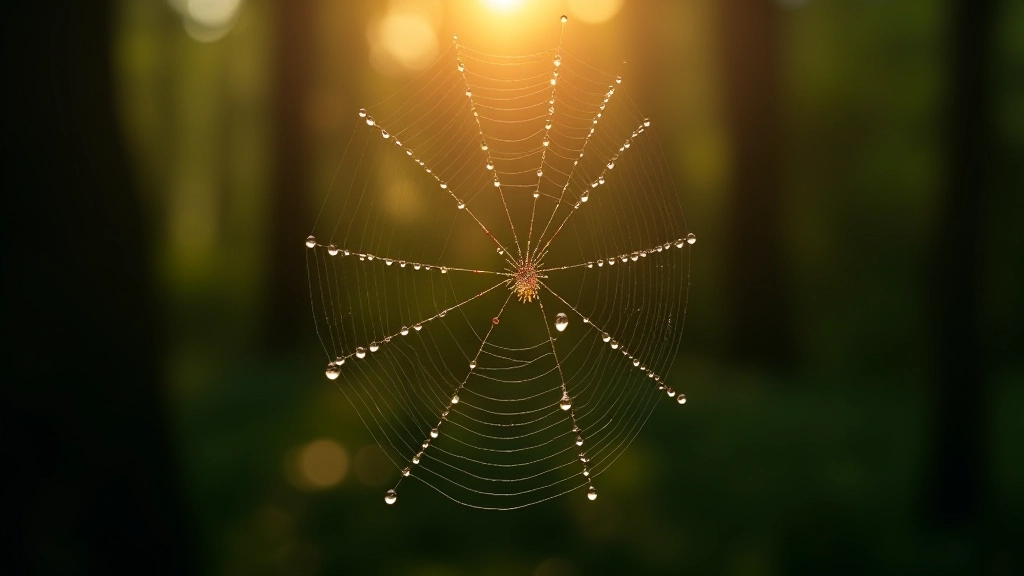 Macro photograph of delicate spiderweb covered in morning dew drops, forest background blurred