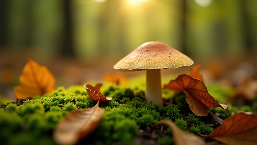 Close-up of forest floor with mushroom, moss, and fallen leaves showing natural texture