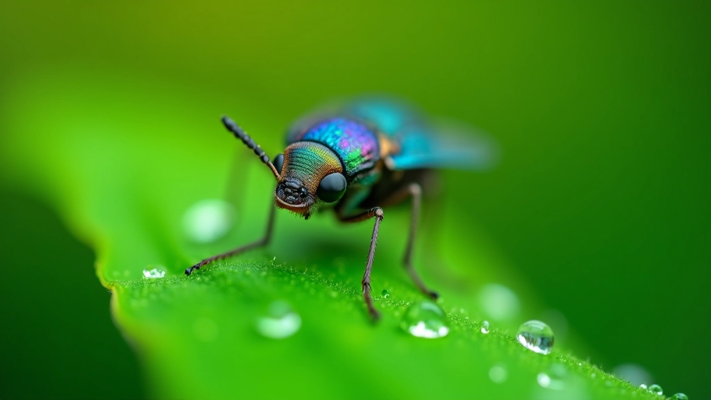 Macro shot of colorful beetle or insect on green leaf with water droplets