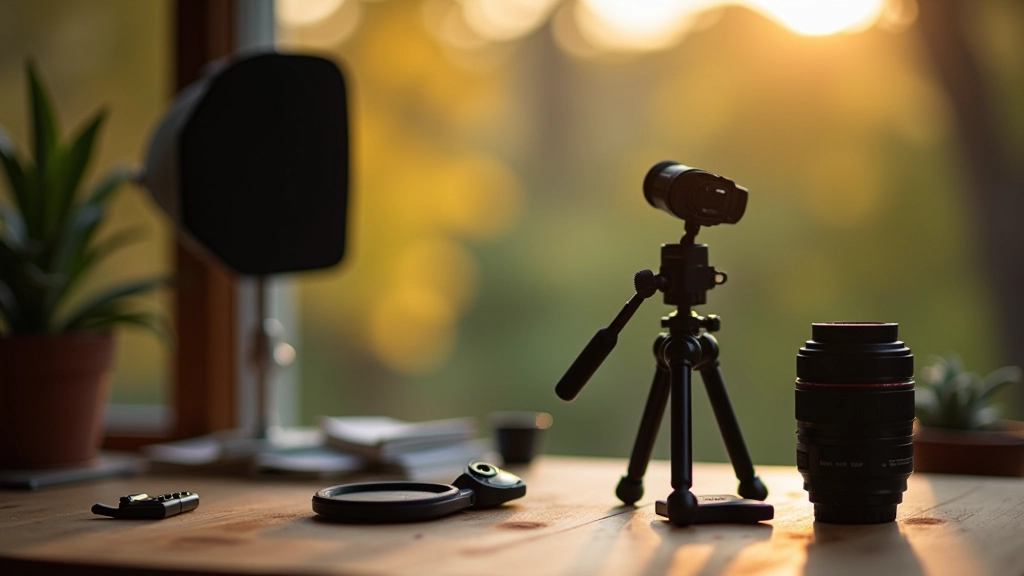 Macro lens and photography equipment laid out on wooden surface in natural light