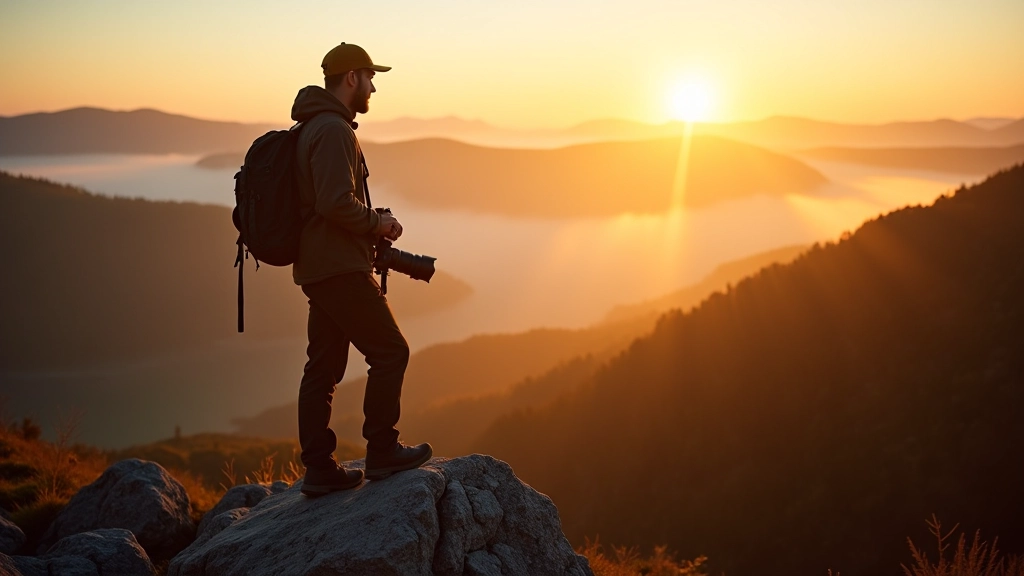 Photographer standing on rocky outcrop at sunrise with professional camera, misty valley landscape below