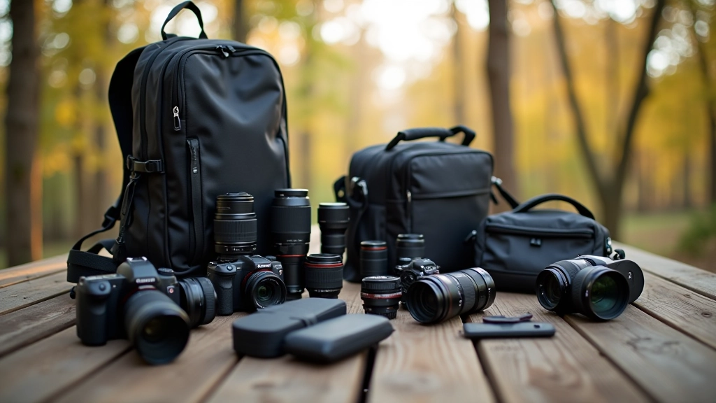 Photography backpack with camera gear laid out on wooden table, organized compartments visible, natural window lighting