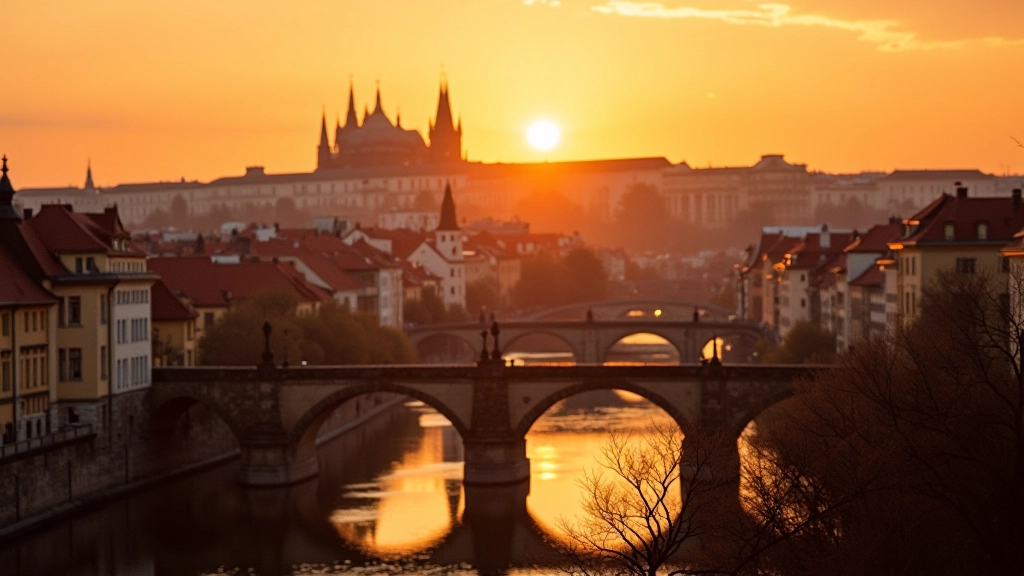 Urban Prague skyline bathed in warm golden light at sunset, city buildings and river visible from elevated viewpoint
