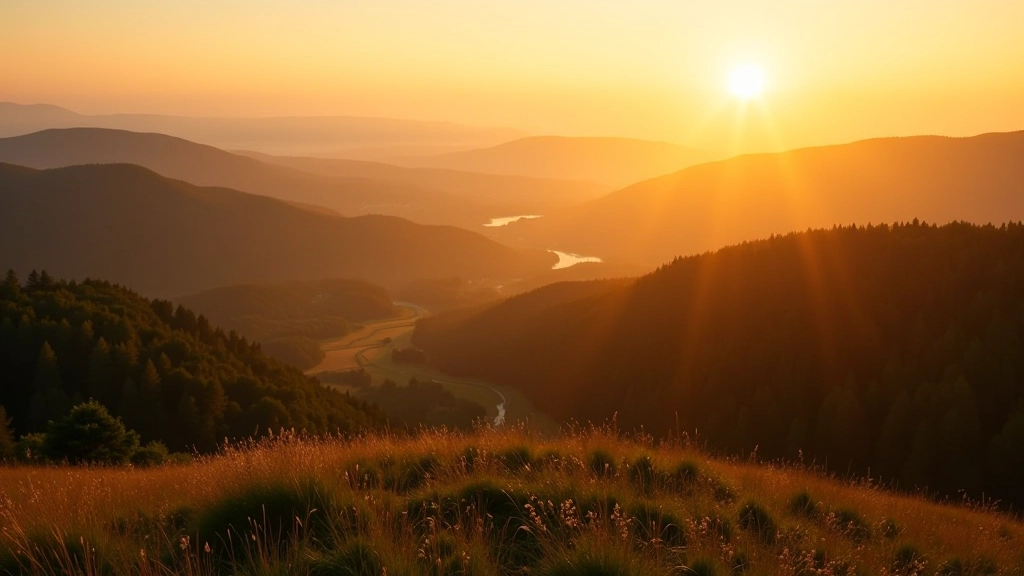 Rolling Bohemian hills and forested landscape illuminated by warm golden sunset light, scenic mountain vista