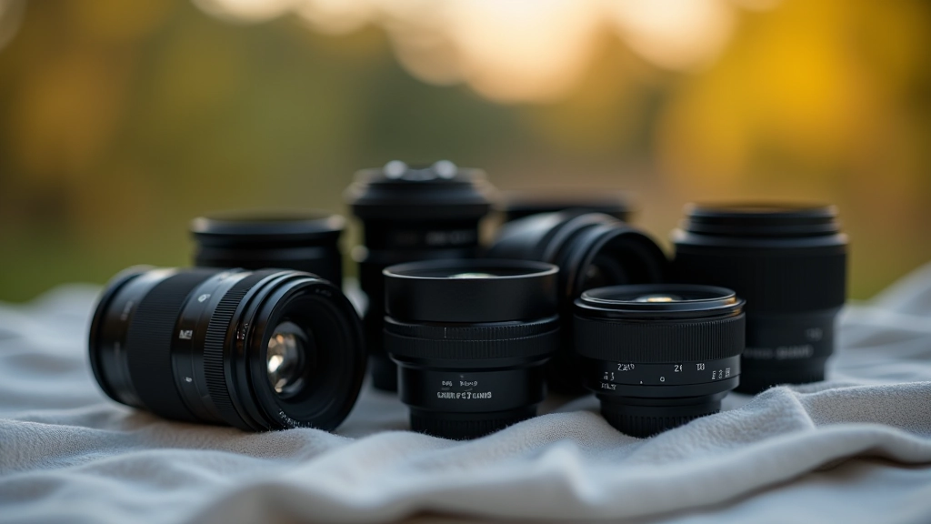 Set of camera lenses arranged on cloth, various focal lengths visible, soft studio lighting, clean background, macro detail
