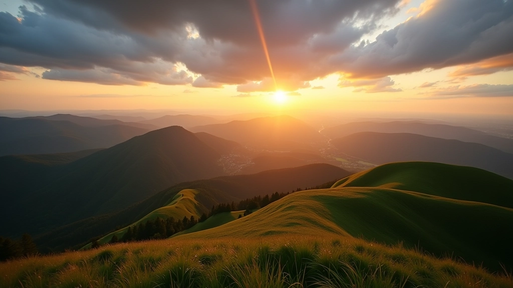 Panoramic landscape view of Czech mountains during golden hour with dramatic sky and rolling hills
