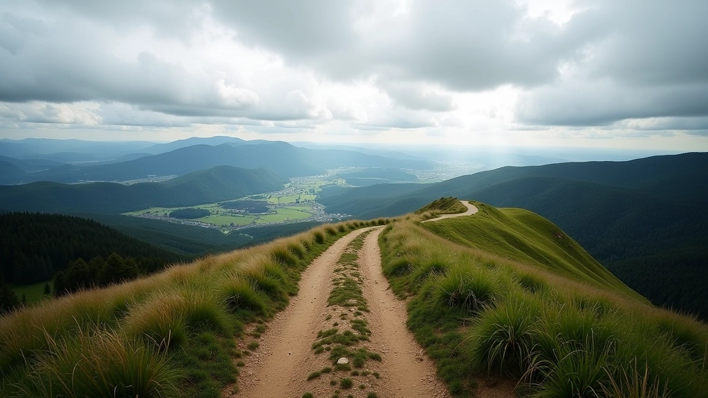 Wide landscape view of scenic mountain trail with valley vista and dramatic cloudy sky in Czech countryside